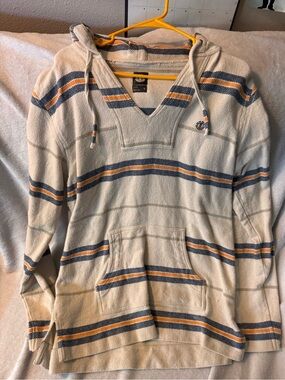Element Men's V-Neck Hoodie Sweater - Cream with Blue & Gold Stripes